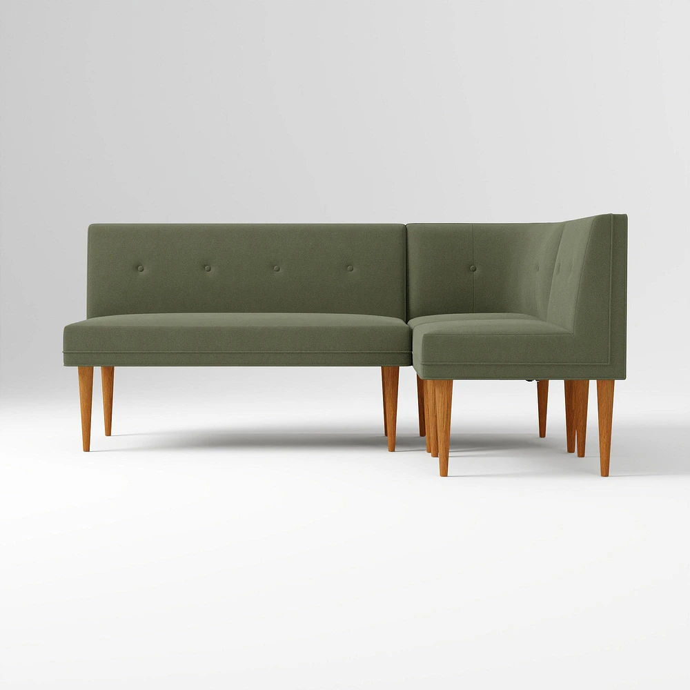 Midcentury Bench + Single Round Corner, Yarn Dyed Linen Weave Oatmeal, Pecan