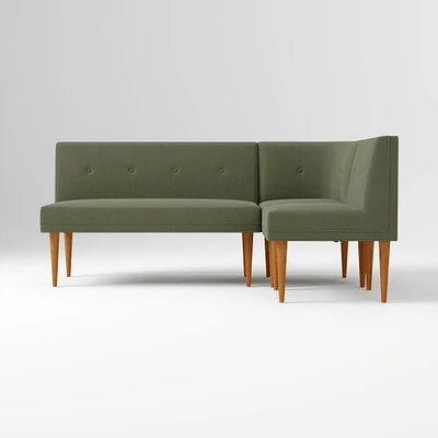 Midcentury Bench + Single Round Corner, Yarn Dyed Linen Weave Oatmeal, Pecan
