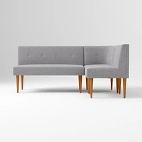 Midcentury Bench + Single Round Corner, Yarn Dyed Linen Weave Oatmeal, Pecan