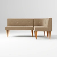 Midcentury Bench + Single Round Corner, Yarn Dyed Linen Weave Oatmeal, Pecan