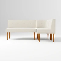 Midcentury Bench + Single Round Corner, Yarn Dyed Linen Weave Oatmeal, Pecan