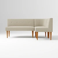 Midcentury Bench + Single Round Corner, Yarn Dyed Linen Weave Oatmeal, Pecan