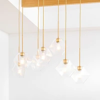 Sculptural 7 Light Chandelier Antique Brass Clear Glass Faceted  7"