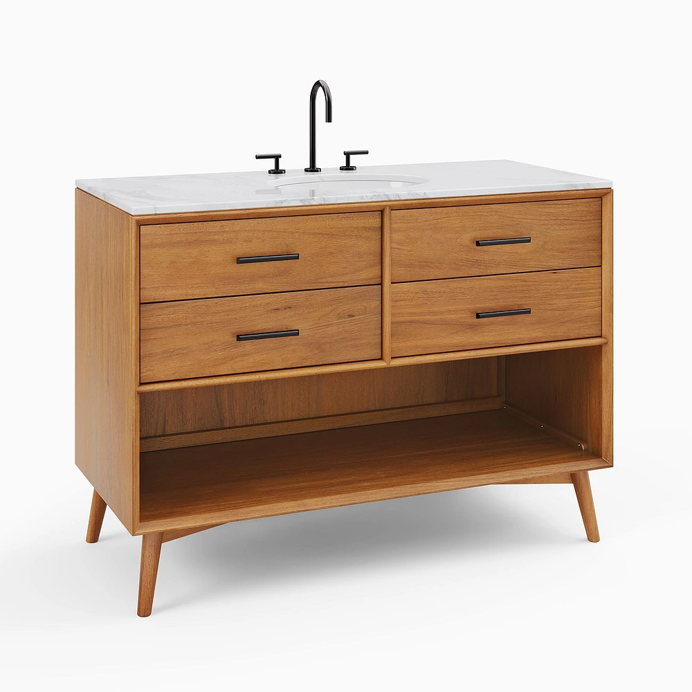 Mid Century 24" Single Open Format Bath Vanity, Acorn, Quartz Top, Antique Brass Hardware