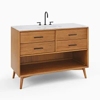 Mid Century 24" Single Open Format Bath Vanity, Acorn, Quartz Top, Antique Brass Hardware