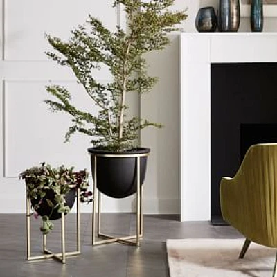 Eden Cross Base Standing Planter, Tall, 16.5"D. x 13"H, Black/Brass
