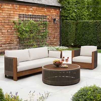 Porto Outdoor Lounge Set: Porto Outdoor 86 in Sofa, Driftwood + Porto Swivel Chair, Driftwood + Porto Outdoor 44 in Round Coffee Table, Driftwood