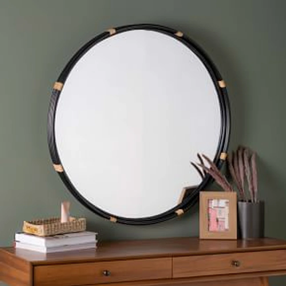 Round Rattan Wall Mirror, Black, 33.5" Diam