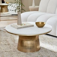 Marble Topped Pedestal 30.5" Coffee Table, Marble, Antique Brass