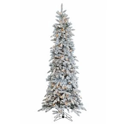 Pre-Lit Faux Narrow Flocked Pencil Pine Christmas Tree w/ Clear Lights, 7.5ft