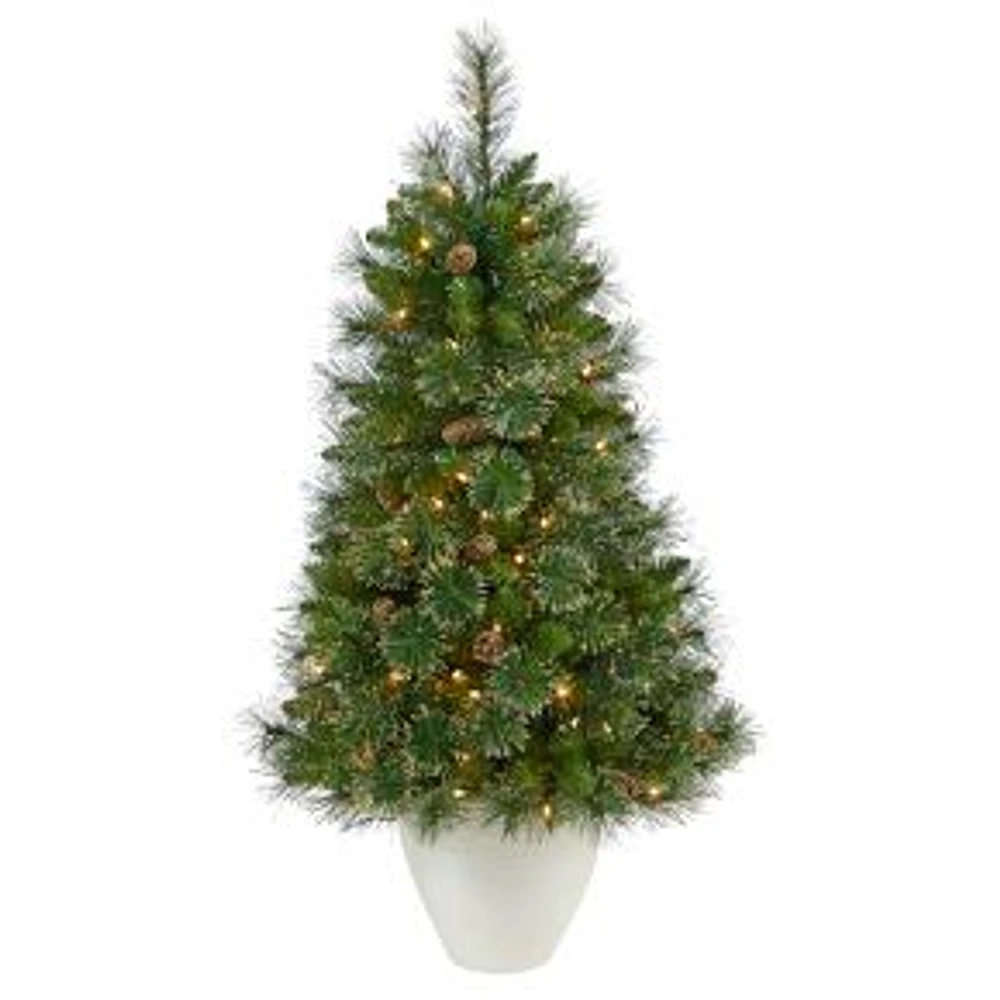 Pre-Lit Faux Potted Pine Tree w/ Pinecones in Planter, 4', Green