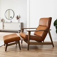 Set Midcentury Show Wood High Back Chair And Ottoman Poly Saddle Leather Nut Espresso