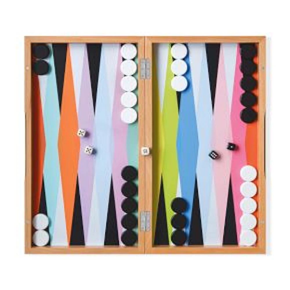 MoMA Collection Colorplay Backgammon Set, Beechwood & Plastic & Fabric Bag, Multi