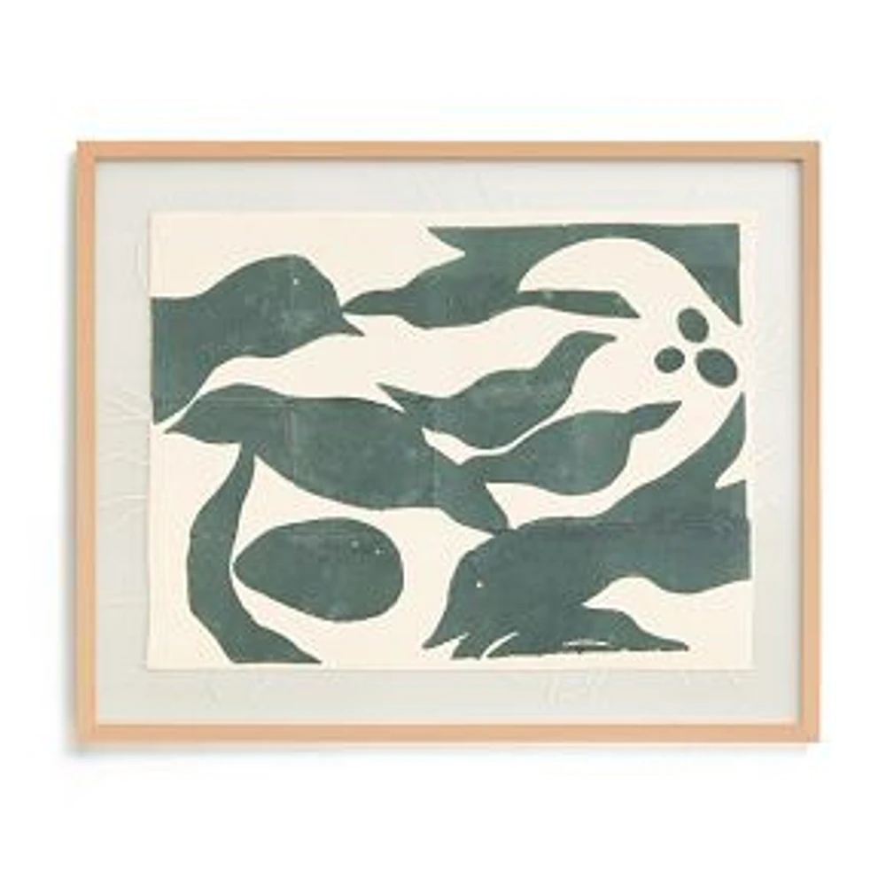 Swimming Birds Wall Art, Natural Wood Block Frame, Block Print Textile, 30x34