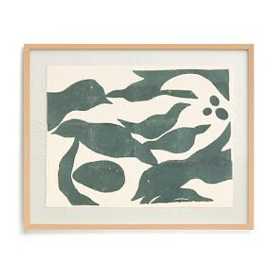 Swimming Birds Wall Art, Natural Wood Block Frame, Block Print Textile, 30x34