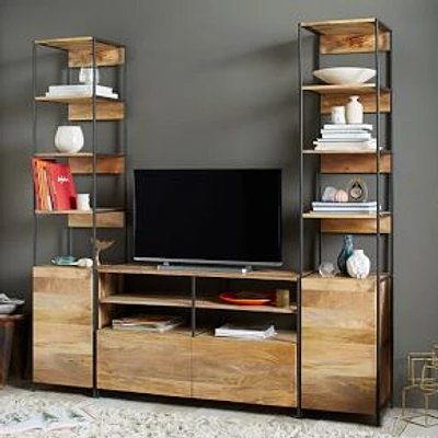 Industrial (49") Media and Set of 2 (17") Open + Closed Bookshelves, Mango