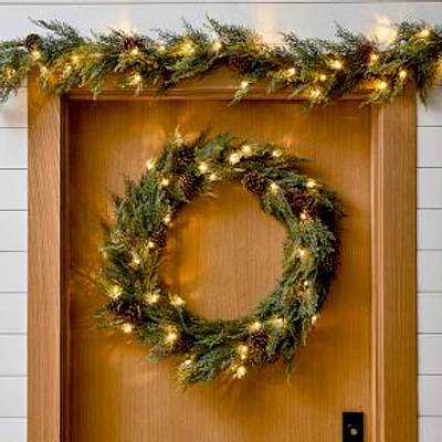 Pre-Lit Faux Cypress Pine Wreath, 30"D