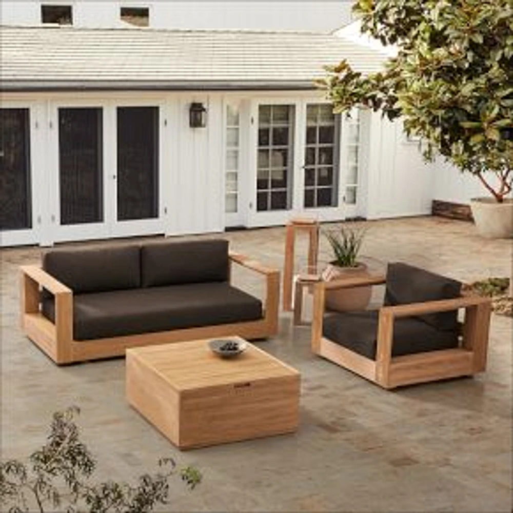 Outdoor Lounge Set: Telluride Outdoor 83 in Sofa, Reef, Crosshatch Weave, Slate + Telluride Lounge Chair, Reef, Crosshatch Weave, Slate + Volume Outdoor 36 in Square Storage Coffee Table, Reef