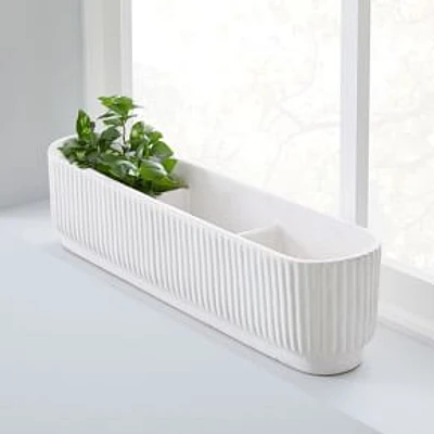 Fluted Ceramic Indoor/Outdoor Windowsill Planter, 4.3"W x 20.3"D x 4.75"H, White