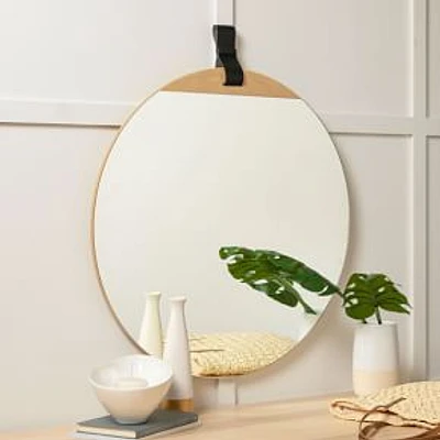 Leather Strap Round Hanging Mirror, 30" Diam