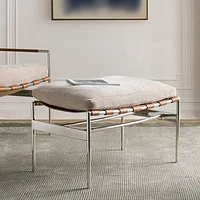 Stuart Leather Sling Ottoman, Poly, Performance Chenille Crossweave, Sand, Polished Stainless Steel