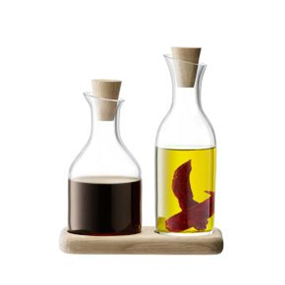 Serve Oil & Vinegar Set and Oak Base, 6in, Clear