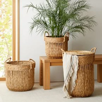 Vertical Lines Baskets, Large Round, Natural