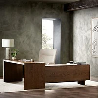 Garfield Leather L-Shaped Desk, Amber Oak Veneer, Amber Oak, Palermo Cognac