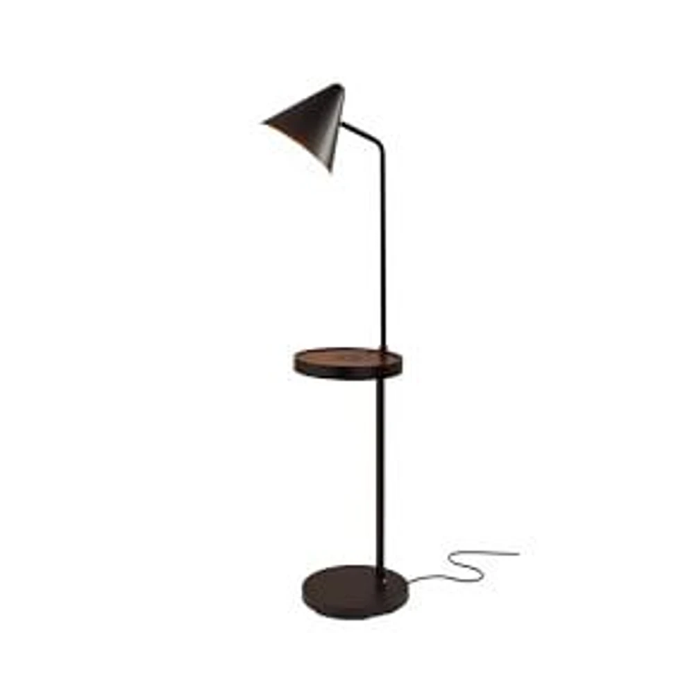 Conical Metal Wireless Charging & USB Shelf Floor Lamp, Walnut Poplar & Black