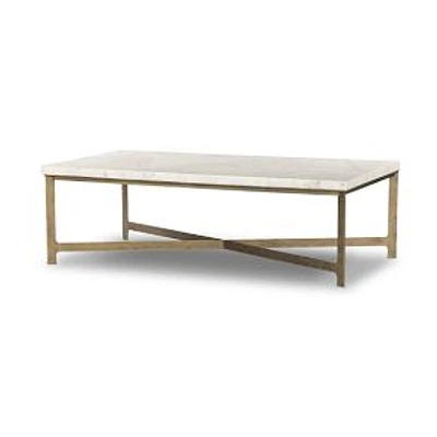 Michael Coffee Table, White Marble-Hammered Antique Brass