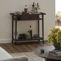 Nameen Bar Cart, Brown Oak-Honed White Marble-Smooth Black Metal