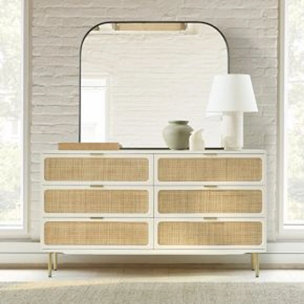 Ida 60" 6-Drawer Dresser, White/Natural, Antique Brass