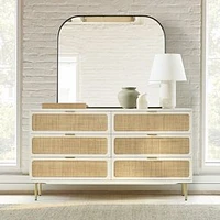 Ida 60" 6-Drawer Dresser, White/Natural, Antique Brass