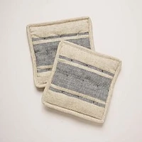 Handloom Stripe Potholders Navy Cotton and Linen Blend Natural Set Of 2