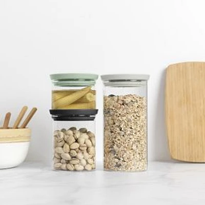 Stackable Glass Jars with Light Gray, Dark Gray, Jade Green Lids, Set of 3