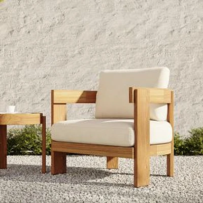 Monterey Outdoor Lounge Chair, Natural Teak, Crosshatch Weave, Alabaster