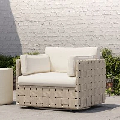 Porto Cristo Outdoor Swivel Chair with Aluminum Webbing, Seashore Bone, Crosshatch Weave, Alabaster