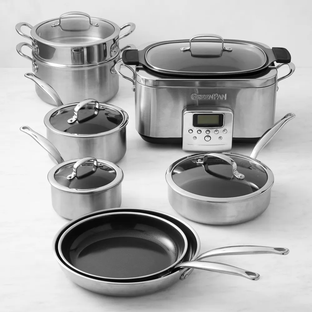 Williams Sonoma GreenPan™ Premiere Stainless-Steel Ceramic Nonstick  11-Piece Cookware Set with Slow Cooker