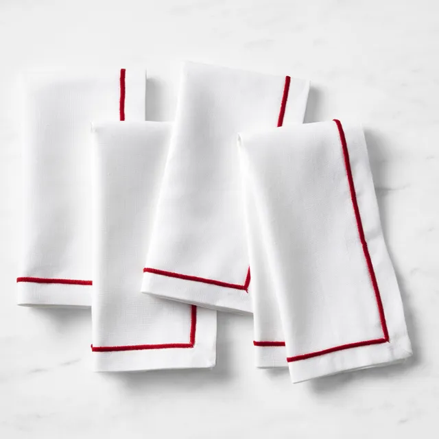 4 small & 3 large Vtg White w/ Border Cloth Napkins, 5 red border, 2 yellow  bord