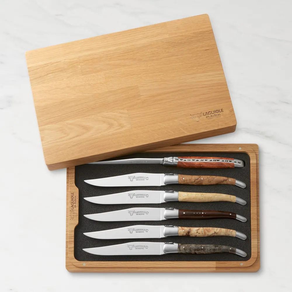 Laguiole en Aubrac Handcrafted 6-Piece Kitchen Knife Set with Mixed Wood Handles & Magnetic Oak Block