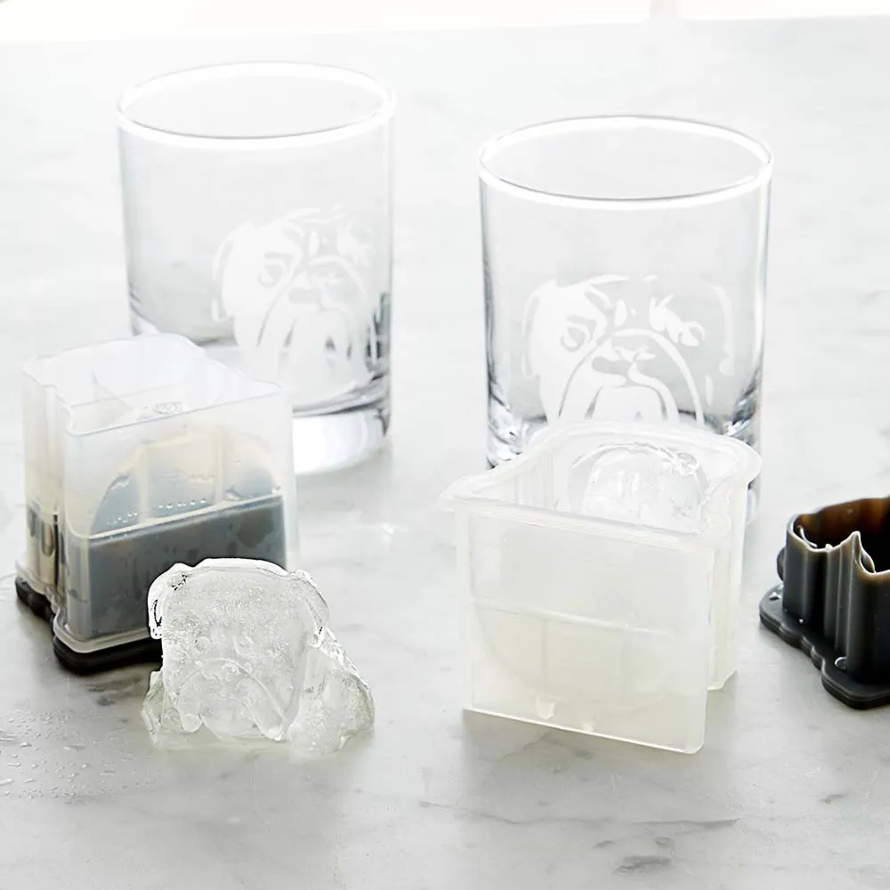 Williams Sonoma Bulldog Etched Glass & Ice Mold Set