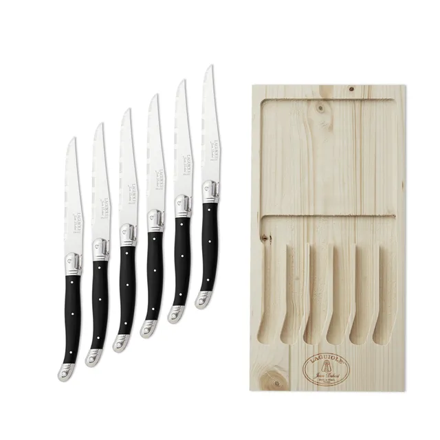 Jean Dubost 6 Steak Knives Red Handles in Block