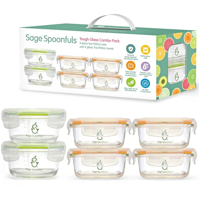 Sage Spoonfuls 6pk Durable Leakproof Glass Baby Food Storage