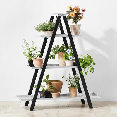 Vintage A-Frame Ladder Plant Stand with Galvanized Shelves