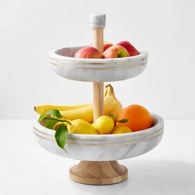 Williams Sonoma Arabescato Marble with Brass Inlay Fruit Bowls, Two-Tiered