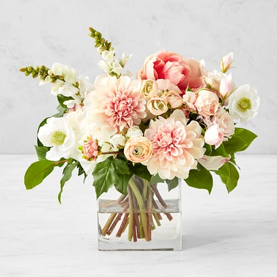Faux Peach Spring Floral Arrangement, Rectangular Vase