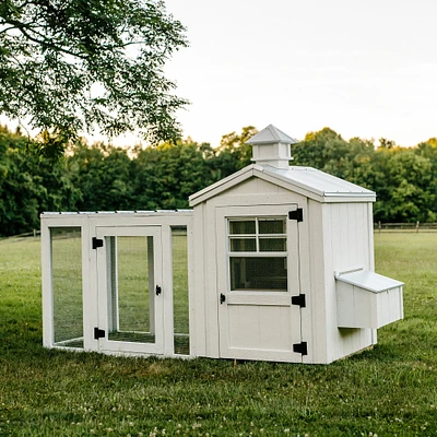Charming White Chicken Coop with Silver Metal Roof, Chicken Run, and Cedar Cupola