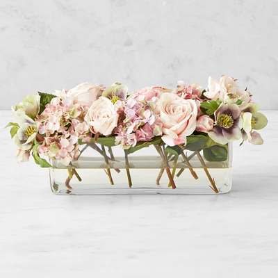 Faux Spring Rose & Hydrangea Floral Arrangement, Tablerunner Vase