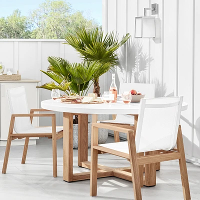 Larnaca Round Fiberstone Dining Table & Santa Barbara Teak & Mesh Dining Chairs