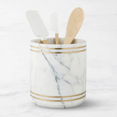Williams Sonoma Arabescato Marble with Brass Inlay Utensil Holder
